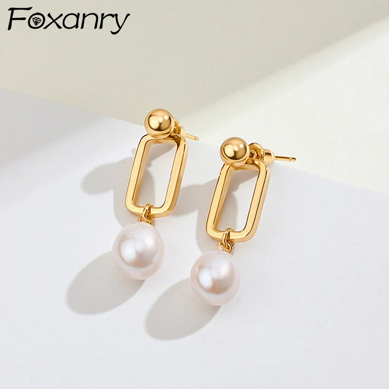 Foxanry Hollow Geometric Pearl Stud Earrings For Women Girls Simple Fashion Elegant Prevent Allergy Anniversary Jewelry Gifts