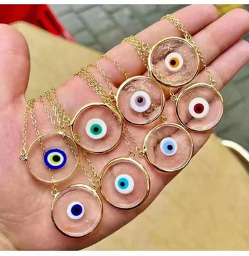 10Pcs Gold Plated Turkish Glass Eyes Round Pendants Charm Necklace 2023 Fashion Evil Eye Lucky  Women Men Necklaces