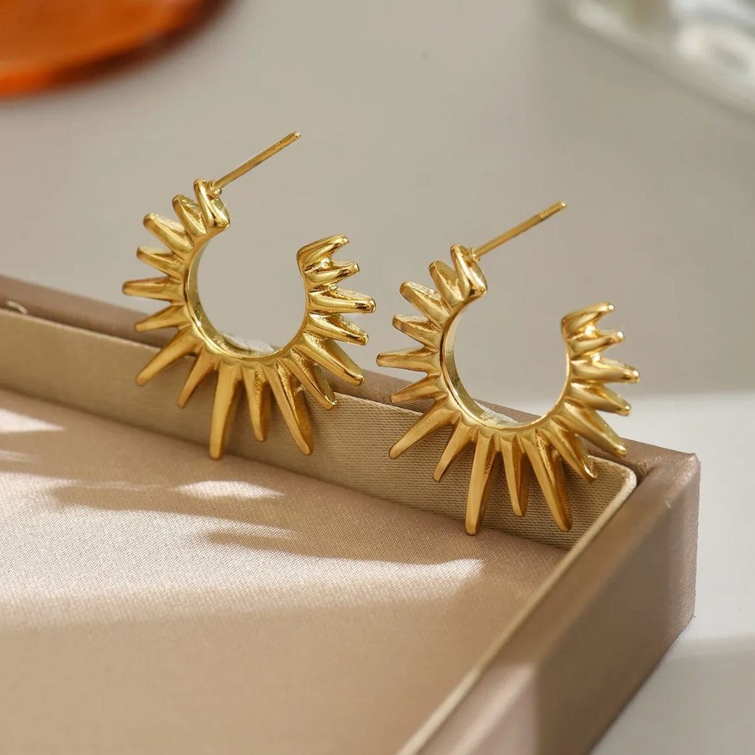 Stainless Steel Gold Plated Waterproof Punk Fan-Shaped Sunflower Semicircle Stud Earrings For Women Charm Party Gift