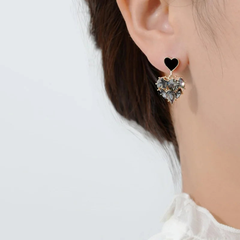 2023 New Fashion Women Black Rhinestone Love Earrings Delicate Sweet Crystal Earrings Party Birthday Gift Charm Jewelry