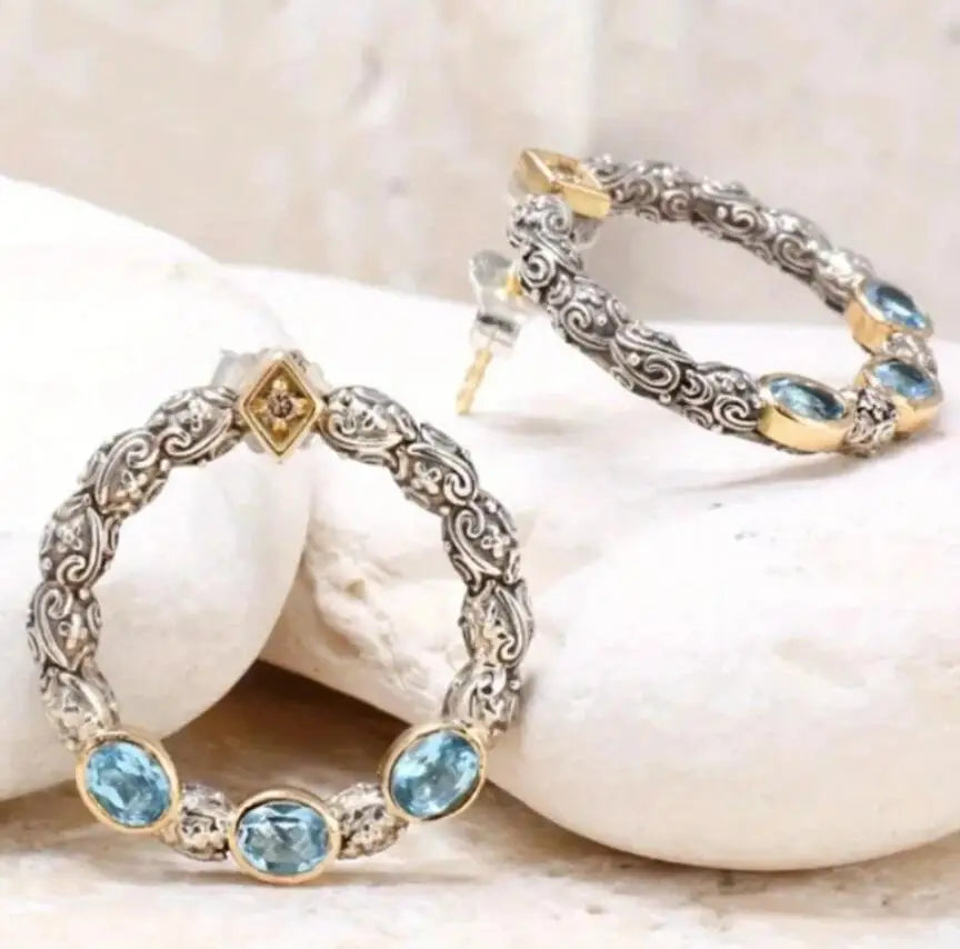 Antique Sliver Color Inlay Blue Color Zircon Hoop Earrings For Women Girl Party Accessories Custom Jewelry