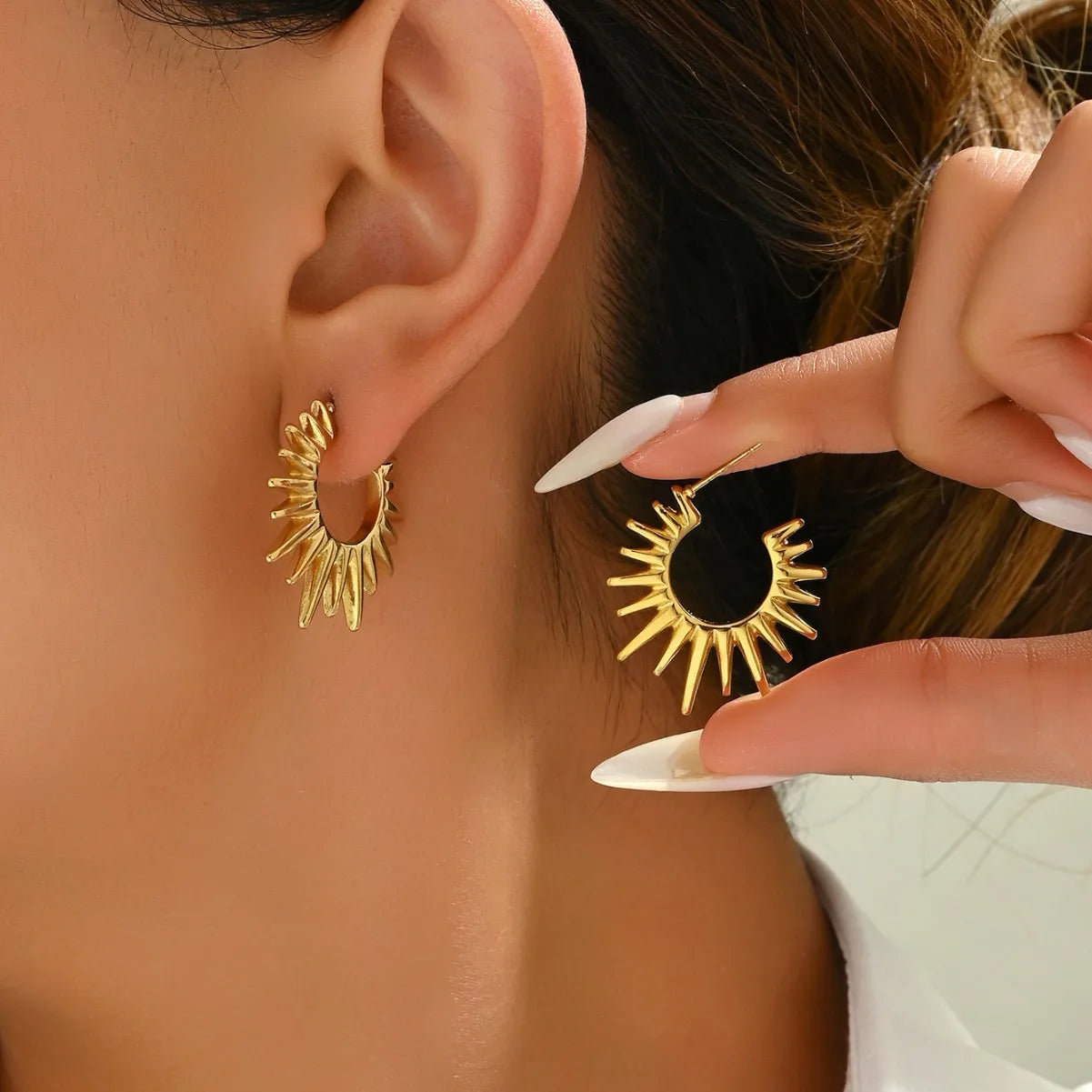 Stainless Steel Gold Plated Waterproof Punk Fan-Shaped Sunflower Semicircle Stud Earrings For Women Charm Party Gift