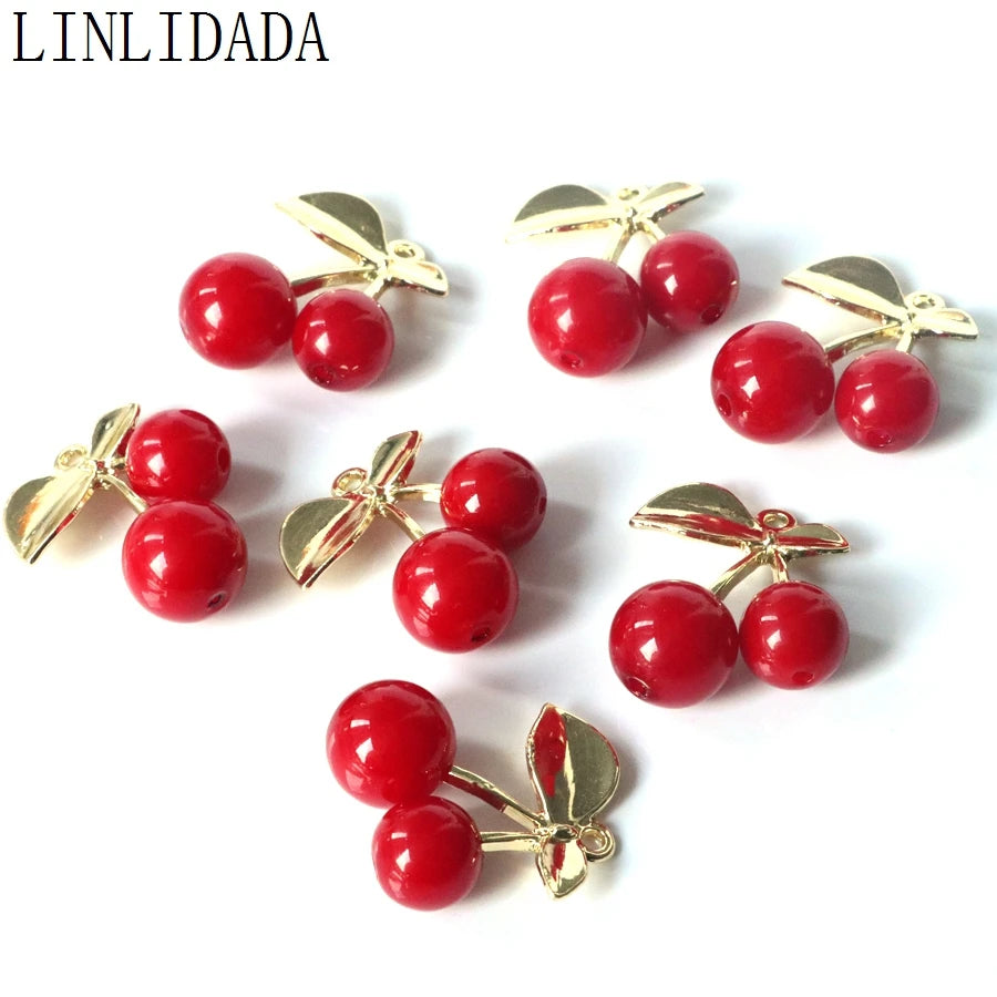 30Pcs Golden Plated Cherry Pendant Beads Fruit Charms DIY for Earring Bracelets Necklace Making Accessories