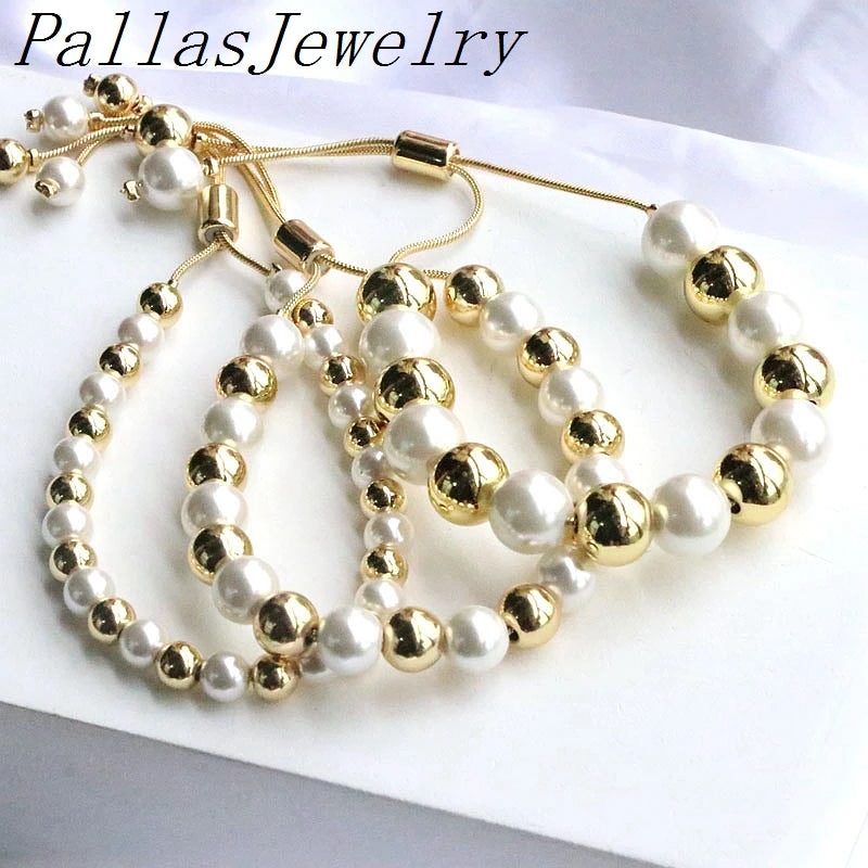 5Pcs Fashion Round Beads Bracelets for Women Gold Plated  White Pearl Shell Beaded Chain Bracelets Adjustable Jewelry Gift