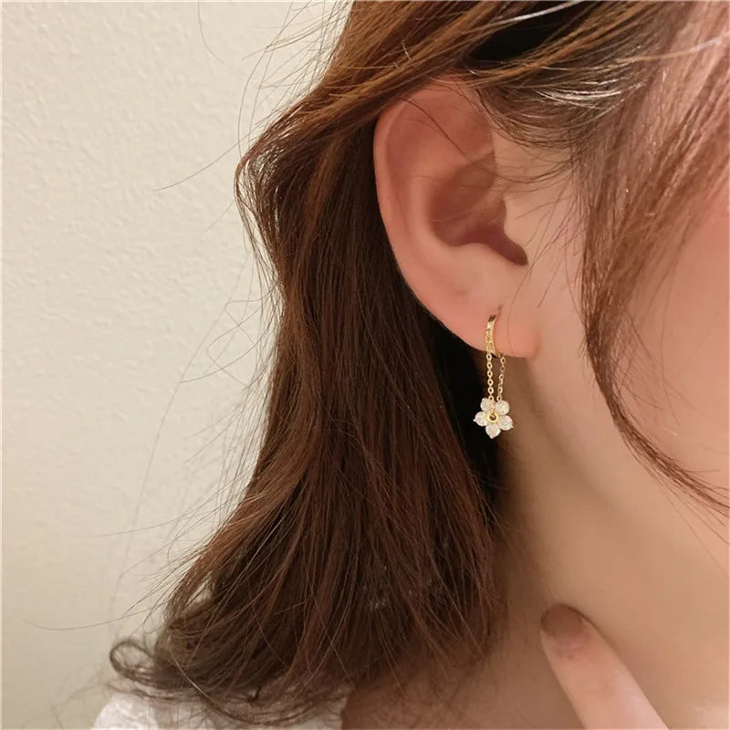 Korean Exquisite Tassel Zircon Flower Ear Buckle Earrings Women 925 Sterling Silver Fashion Versatile Banquet Jewelry