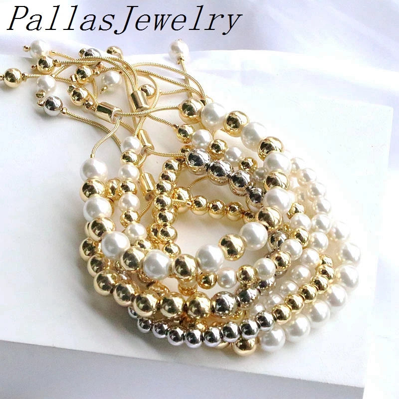 5Pcs Fashion Round Beads Bracelets for Women Gold Plated  White Pearl Shell Beaded Chain Bracelets Adjustable Jewelry Gift