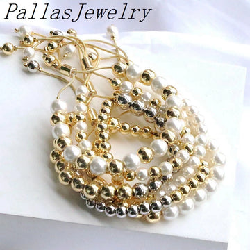 5Pcs Fashion Round Beads Bracelets for Women Gold Plated  White Pearl Shell Beaded Chain Bracelets Adjustable Jewelry Gift